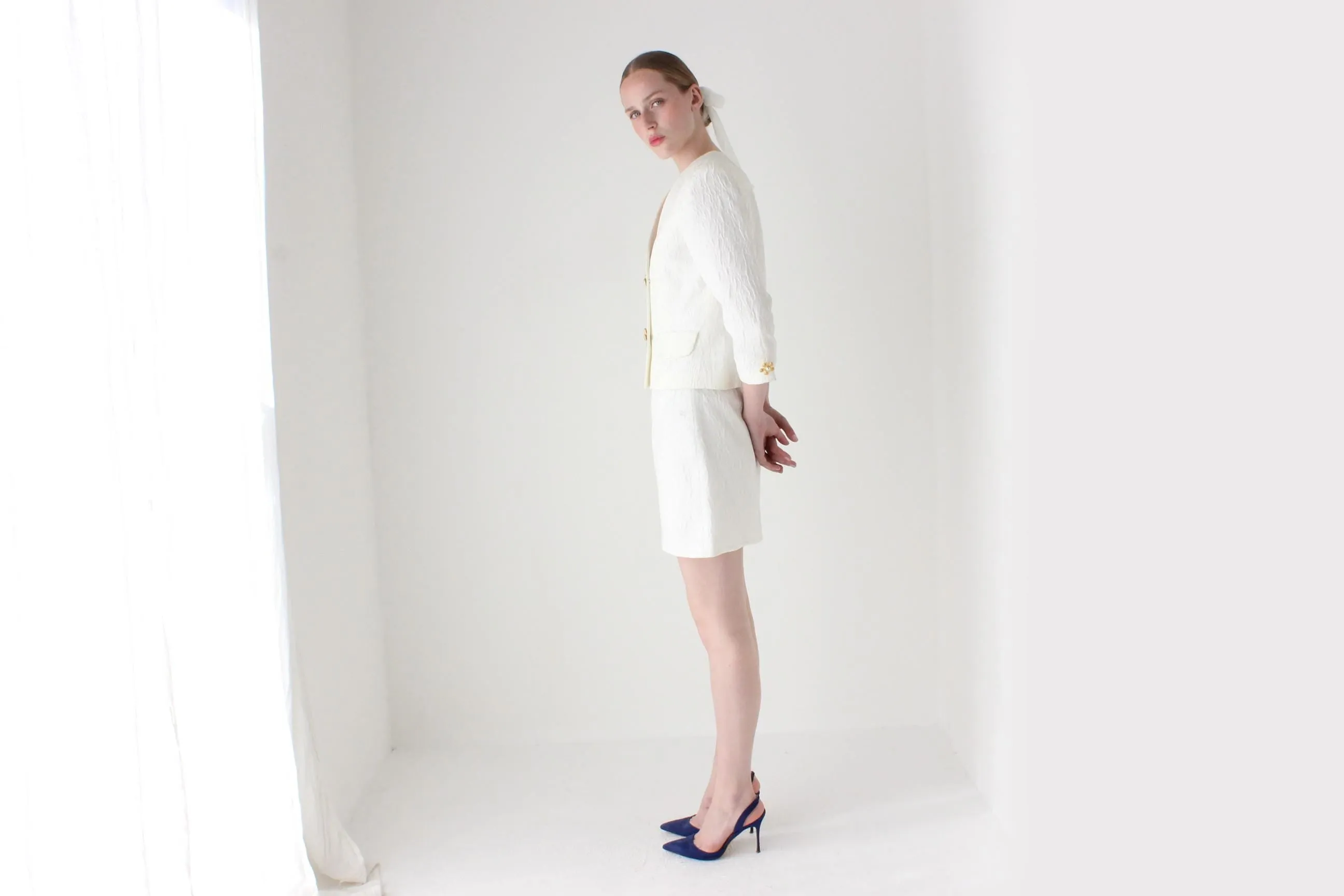 1990s Lisa Ho Bridal Mini Skirt Suit w/ Flower Blob Buttons