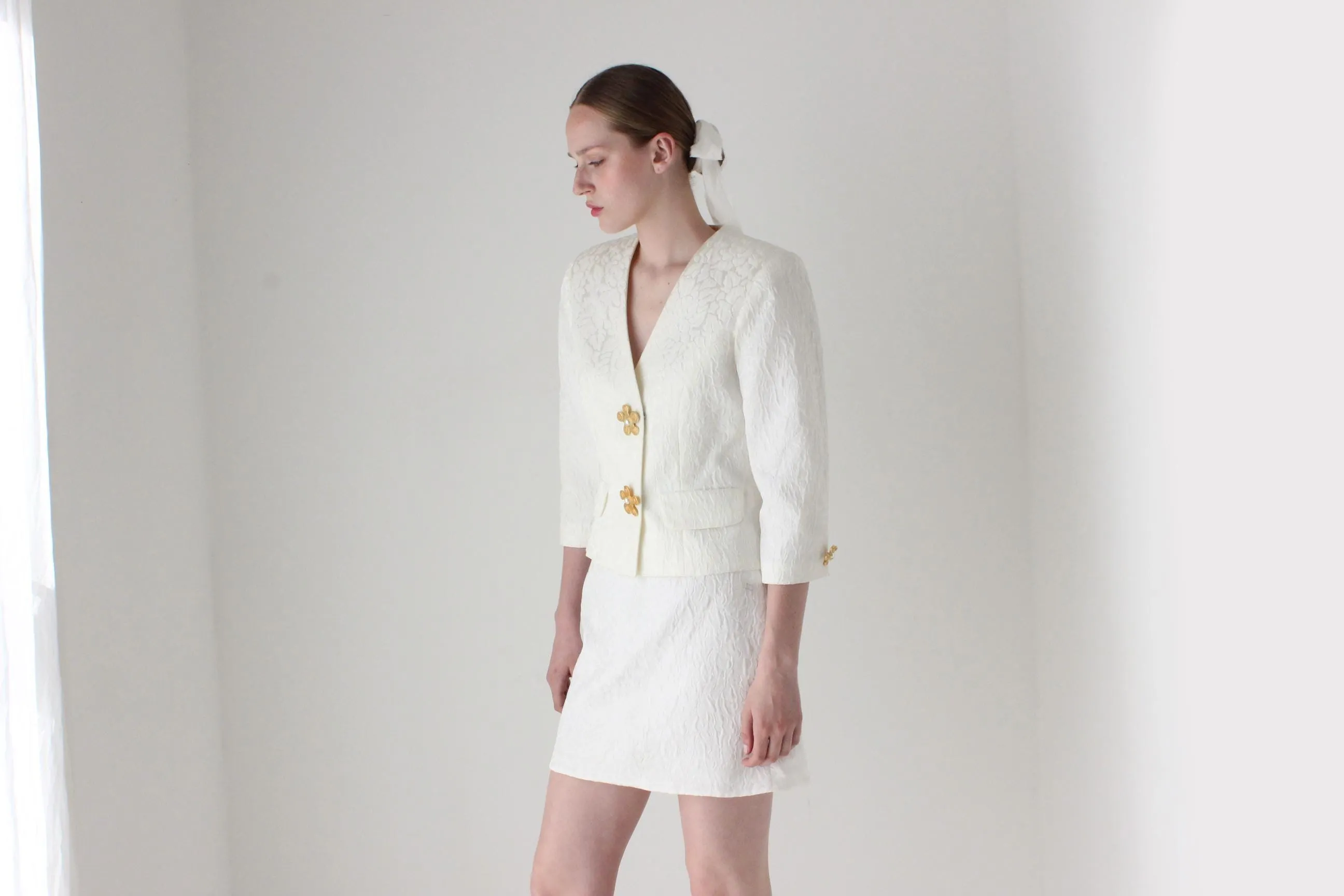 1990s Lisa Ho Bridal Mini Skirt Suit w/ Flower Blob Buttons