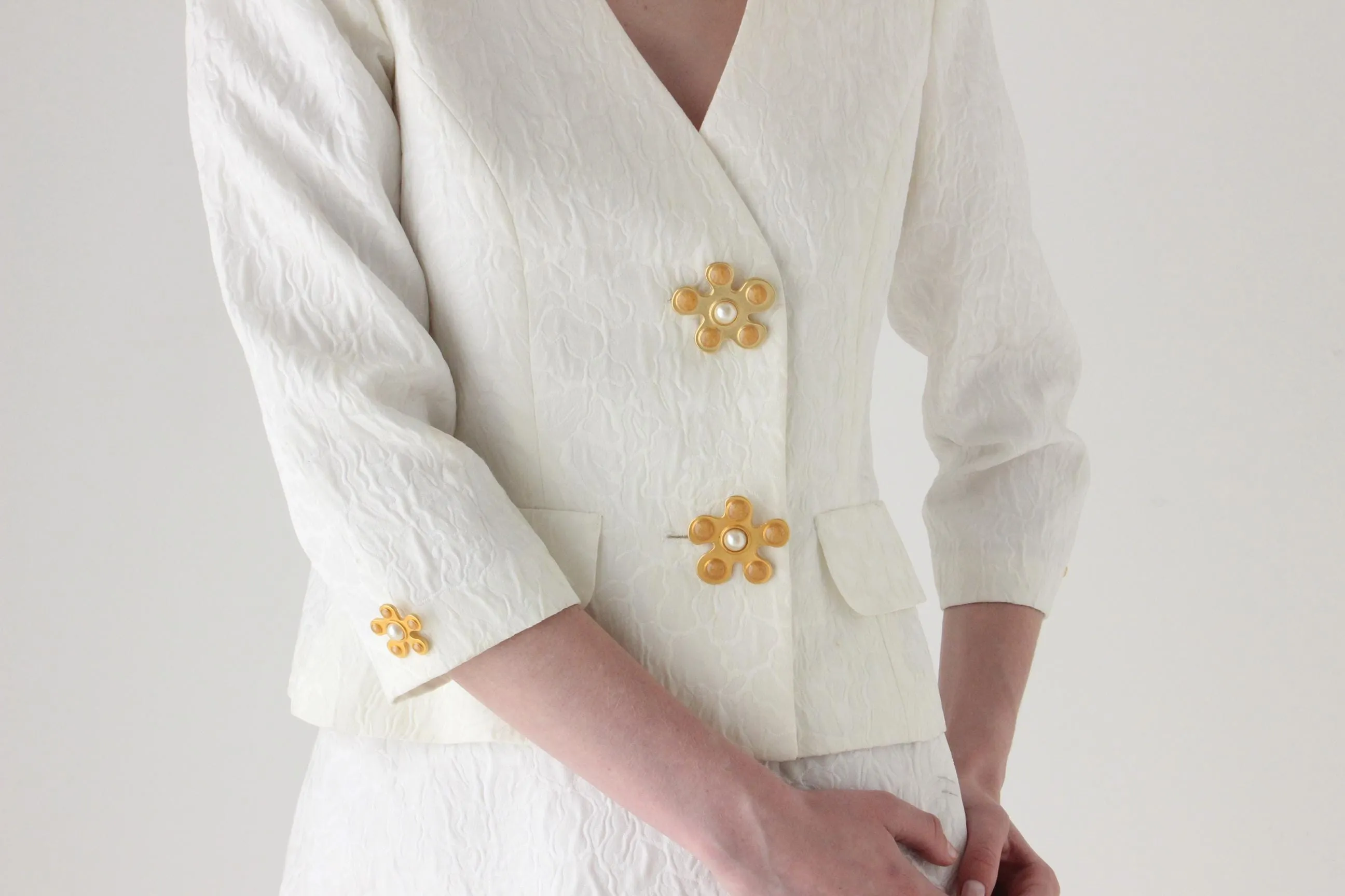 1990s Lisa Ho Bridal Mini Skirt Suit w/ Flower Blob Buttons