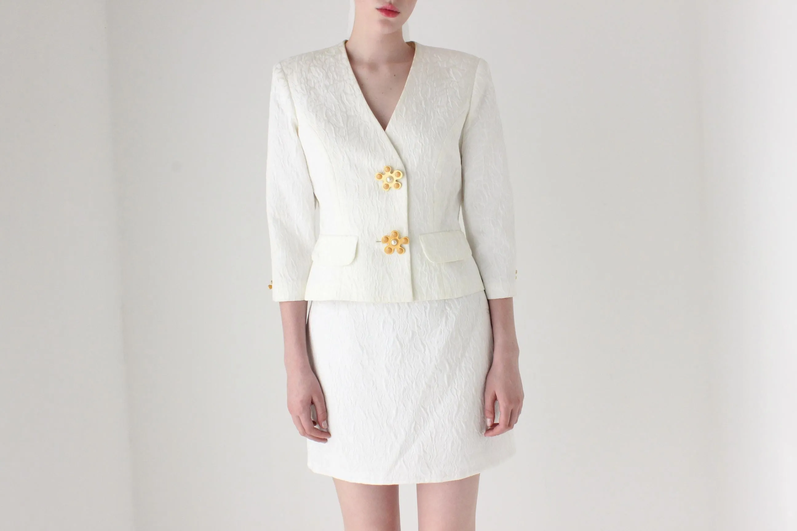 1990s Lisa Ho Bridal Mini Skirt Suit w/ Flower Blob Buttons
