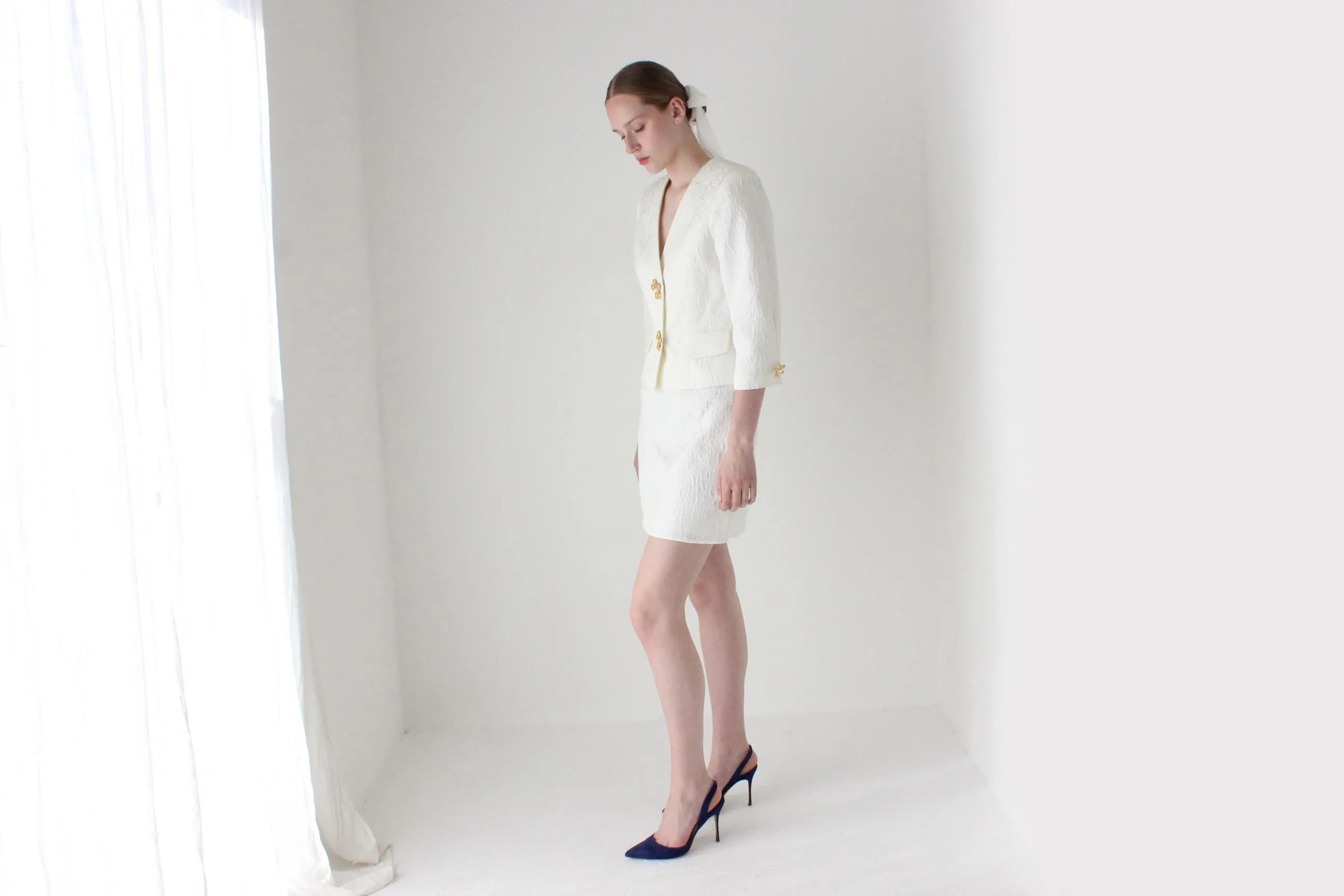 1990s Lisa Ho Bridal Mini Skirt Suit w/ Flower Blob Buttons
