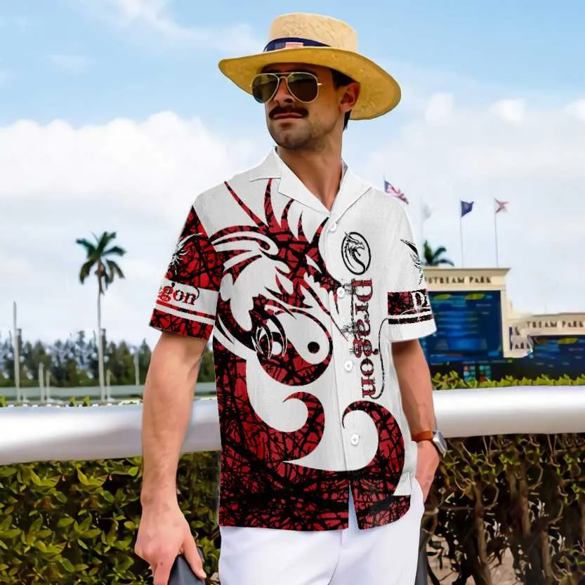 3D Dungeon Dragon Tattoo Hawaiian Shirt, White And Red Chinese Dragon Shirt