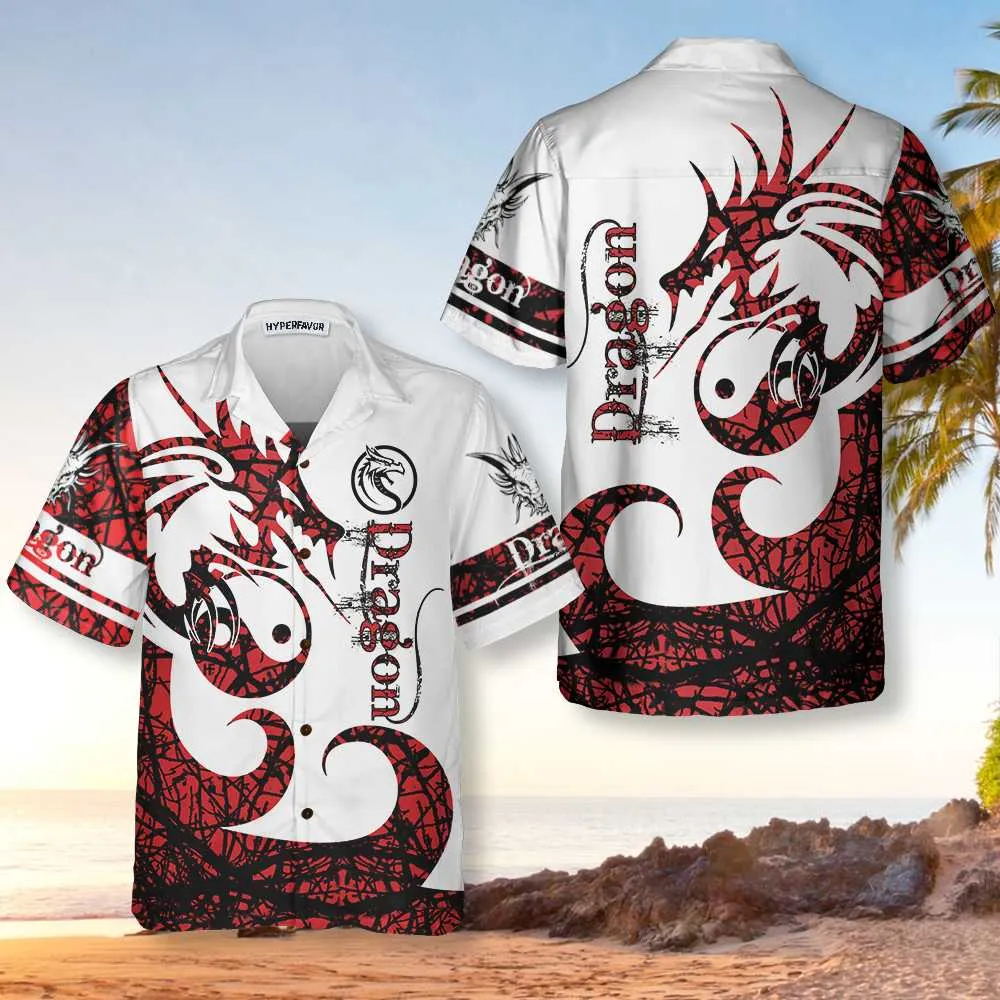 3D Dungeon Dragon Tattoo Hawaiian Shirt, White And Red Chinese Dragon Shirt