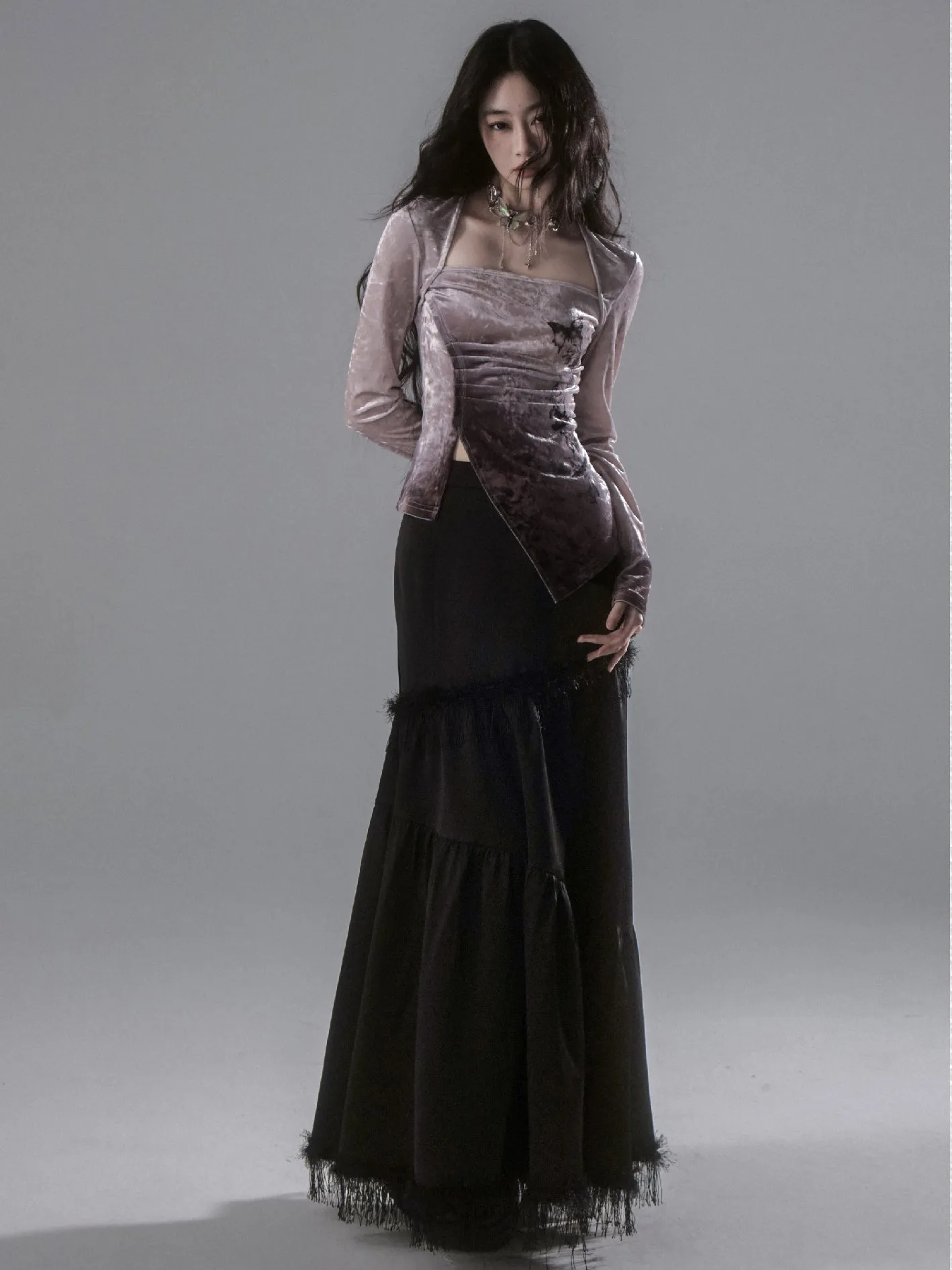 A-line Fringe Stitch Long Skirt