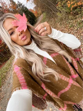 Aerie Cedar/Pink Boucle Fringe Poncho/Cape- One Size