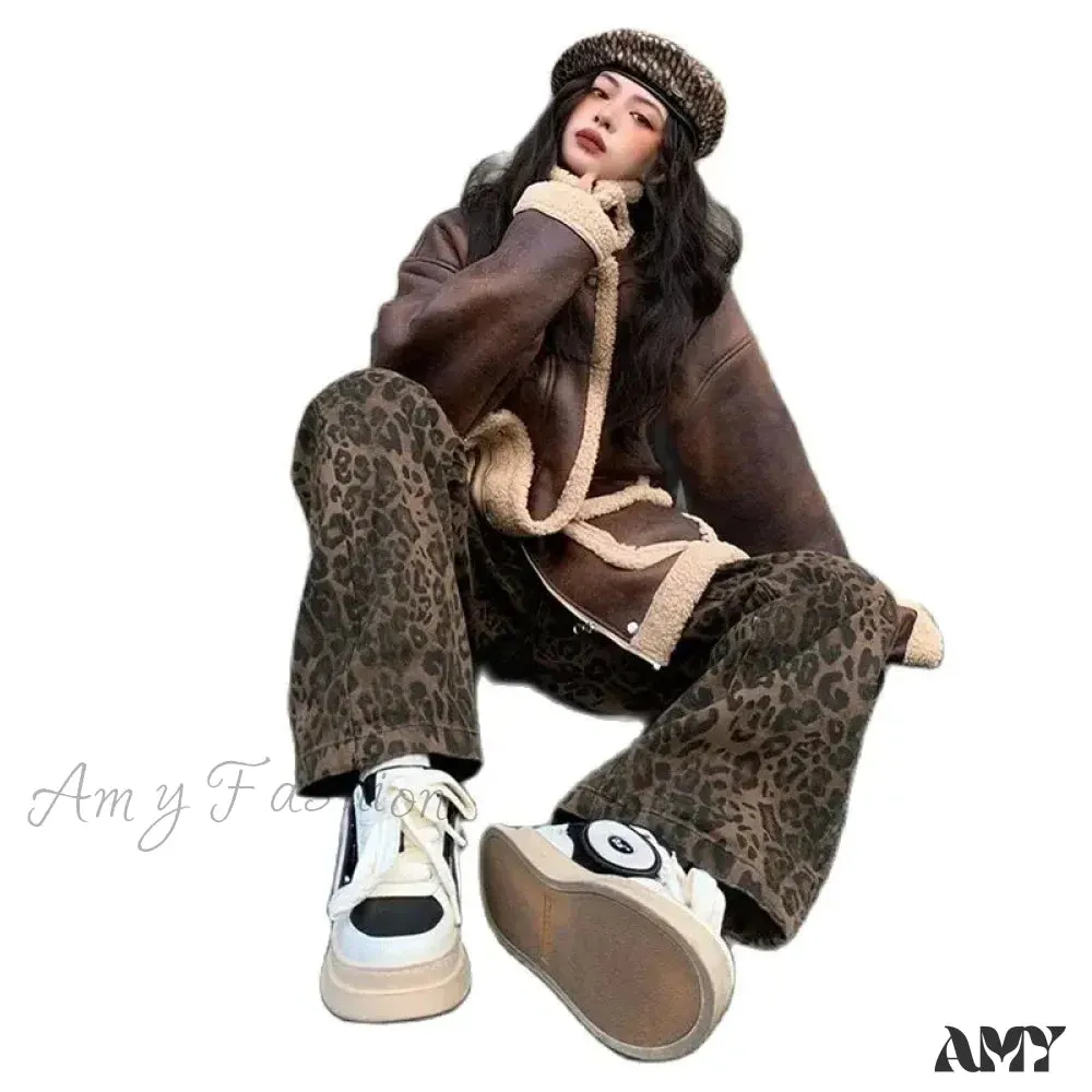 Amy Fashion - 2024 NEW Y2K Leopard Print High Waisted Women Fashion Streetwear Retro Wide Leg Denim Baggy Casual Straight Jean