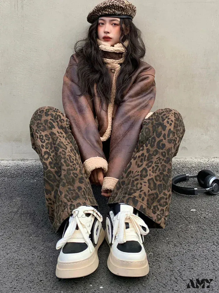 Amy Fashion - 2024 NEW Y2K Leopard Print High Waisted Women Fashion Streetwear Retro Wide Leg Denim Baggy Casual Straight Jean