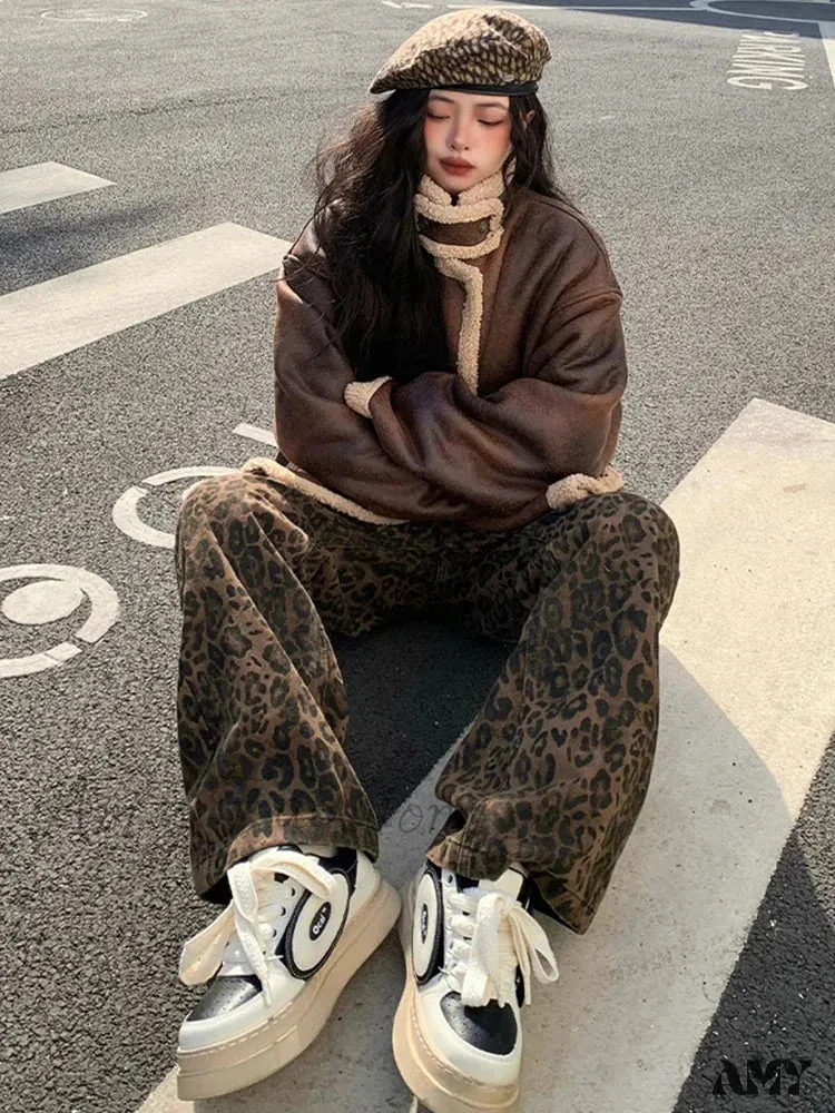 Amy Fashion - 2024 NEW Y2K Leopard Print High Waisted Women Fashion Streetwear Retro Wide Leg Denim Baggy Casual Straight Jean