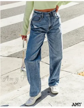 Amy Fashion - 2024 Stretch Women's Casual Ripped Wide Leg For Women Vintage High Waist Easymatch Straight Jean