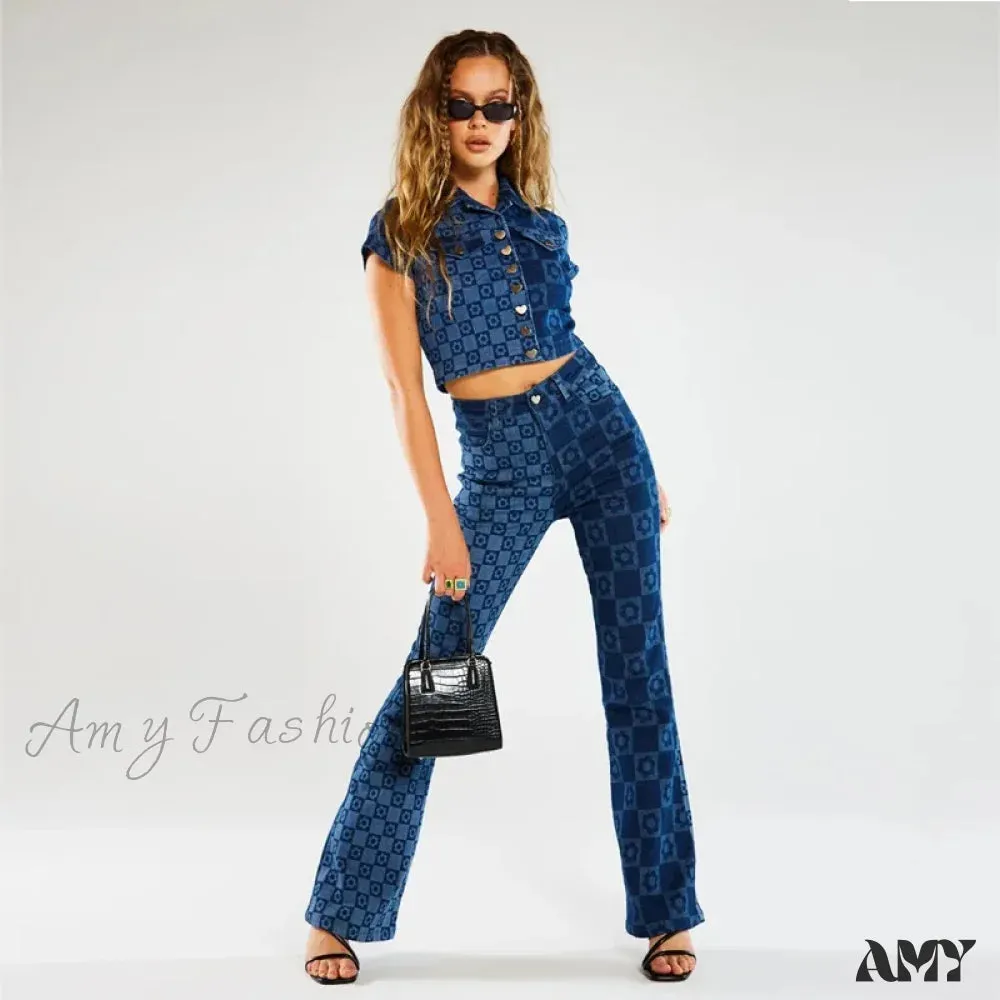 Amy Fashion - Stretch Fashion Print Women's High Waist Flare Women Long Summer Casual Streetwear Denim Pant Jean