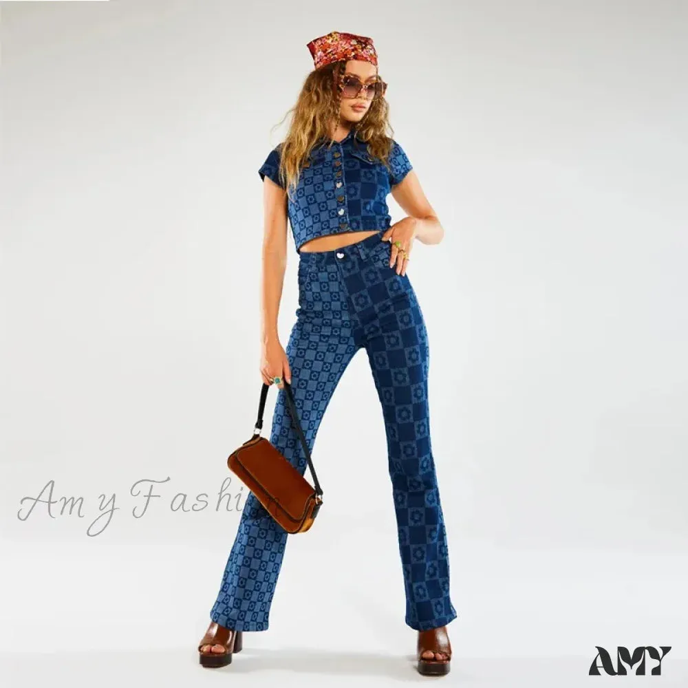 Amy Fashion - Stretch Fashion Print Women's High Waist Flare Women Long Summer Casual Streetwear Denim Pant Jean