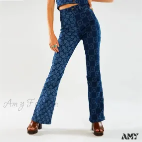 Amy Fashion - Stretch Fashion Print Women's High Waist Flare Women Long Summer Casual Streetwear Denim Pant Jean