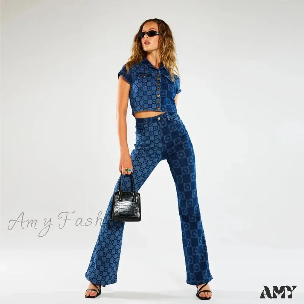 Amy Fashion - Stretch Fashion Print Women's High Waist Flare Women Long Summer Casual Streetwear Denim Pant Jean