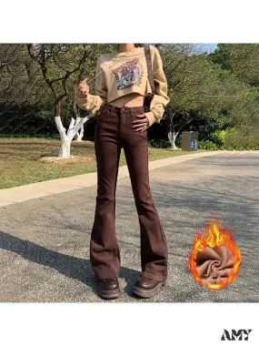 Amy Fashion - Thicken Winter Warm Slim Fleece Flared Pants Elastic Skinny Women's Fashion High Waist Velvet Plus Length Female Jean
