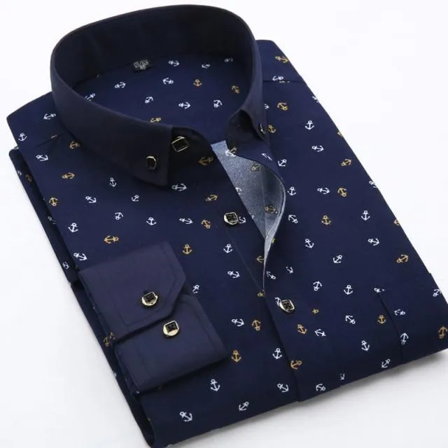 Anchor Print Long Sleeved Slim Fit Business Dress Shirt