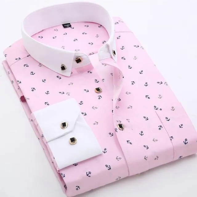 Anchor Print Long Sleeved Slim Fit Business Dress Shirt