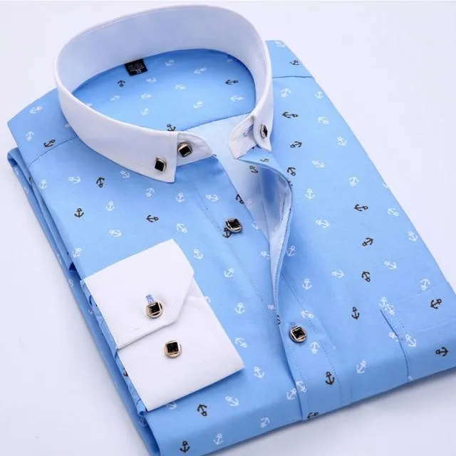 Anchor Print Long Sleeved Slim Fit Business Dress Shirt