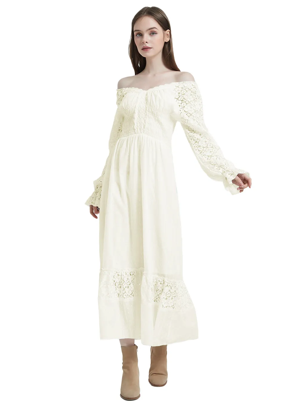 Anna-Kaci Womens Dresses Lace Long Sleeve V Neck Fall Maxi Dress for Women Casual Boho Fairy Wedding Long Dresses