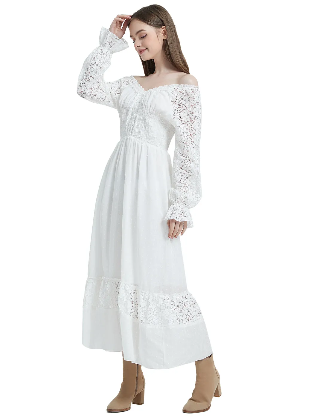 Anna-Kaci Womens Dresses Lace Long Sleeve V Neck Fall Maxi Dress for Women Casual Boho Fairy Wedding Long Dresses