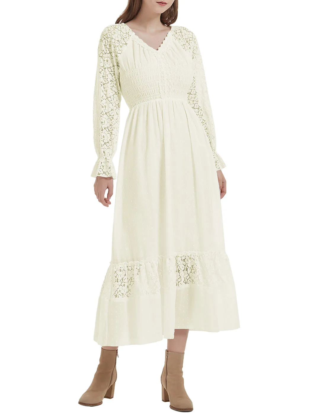 Anna-Kaci Womens Dresses Lace Long Sleeve V Neck Fall Maxi Dress for Women Casual Boho Fairy Wedding Long Dresses