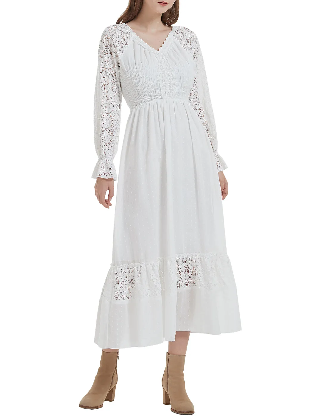 Anna-Kaci Womens Dresses Lace Long Sleeve V Neck Fall Maxi Dress for Women Casual Boho Fairy Wedding Long Dresses