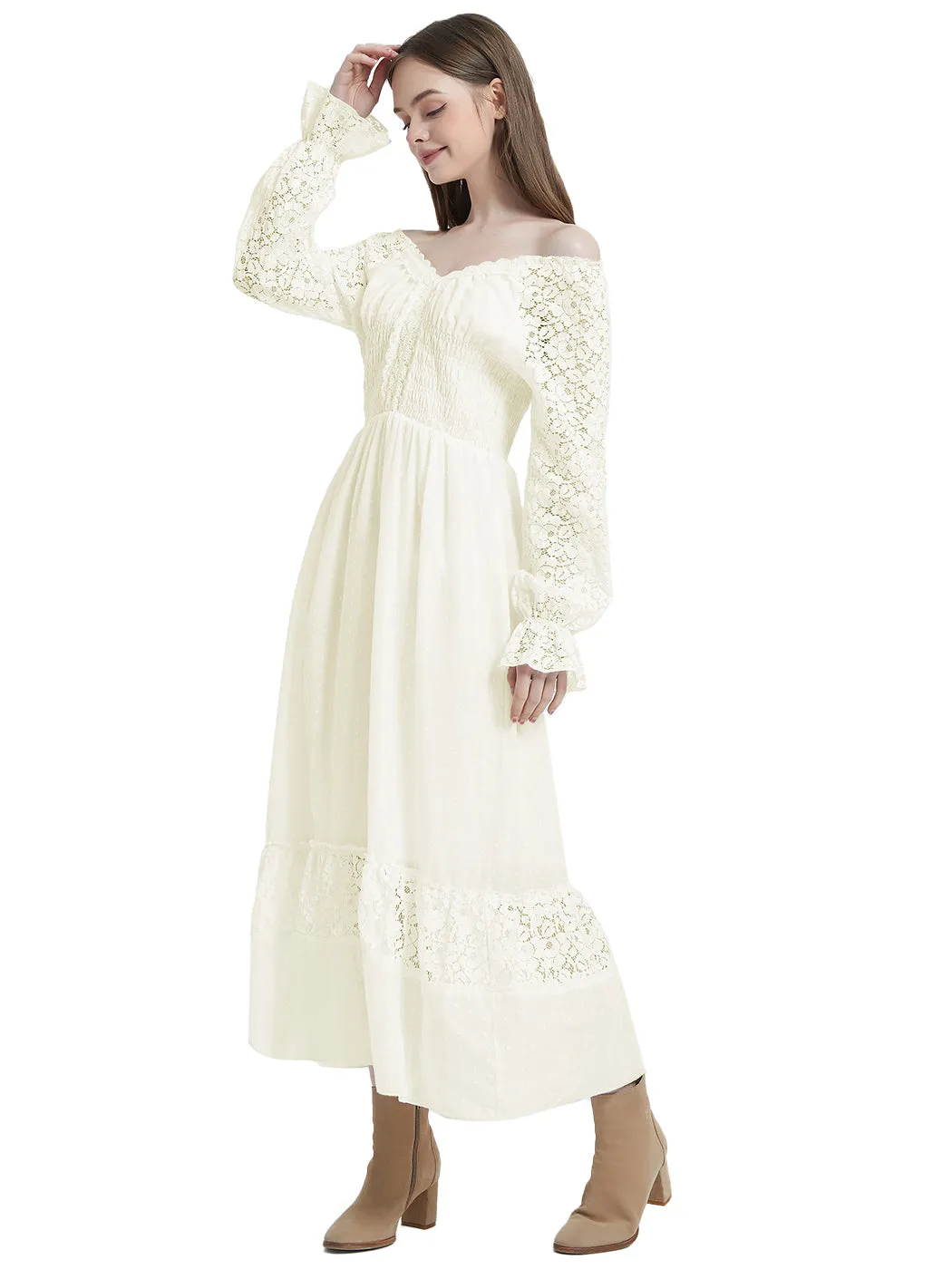 Anna-Kaci Womens Dresses Lace Long Sleeve V Neck Fall Maxi Dress for Women Casual Boho Fairy Wedding Long Dresses