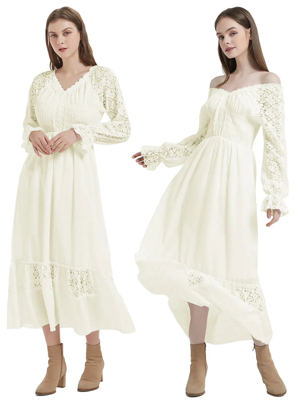 Anna-Kaci Womens Dresses Lace Long Sleeve V Neck Fall Maxi Dress for Women Casual Boho Fairy Wedding Long Dresses