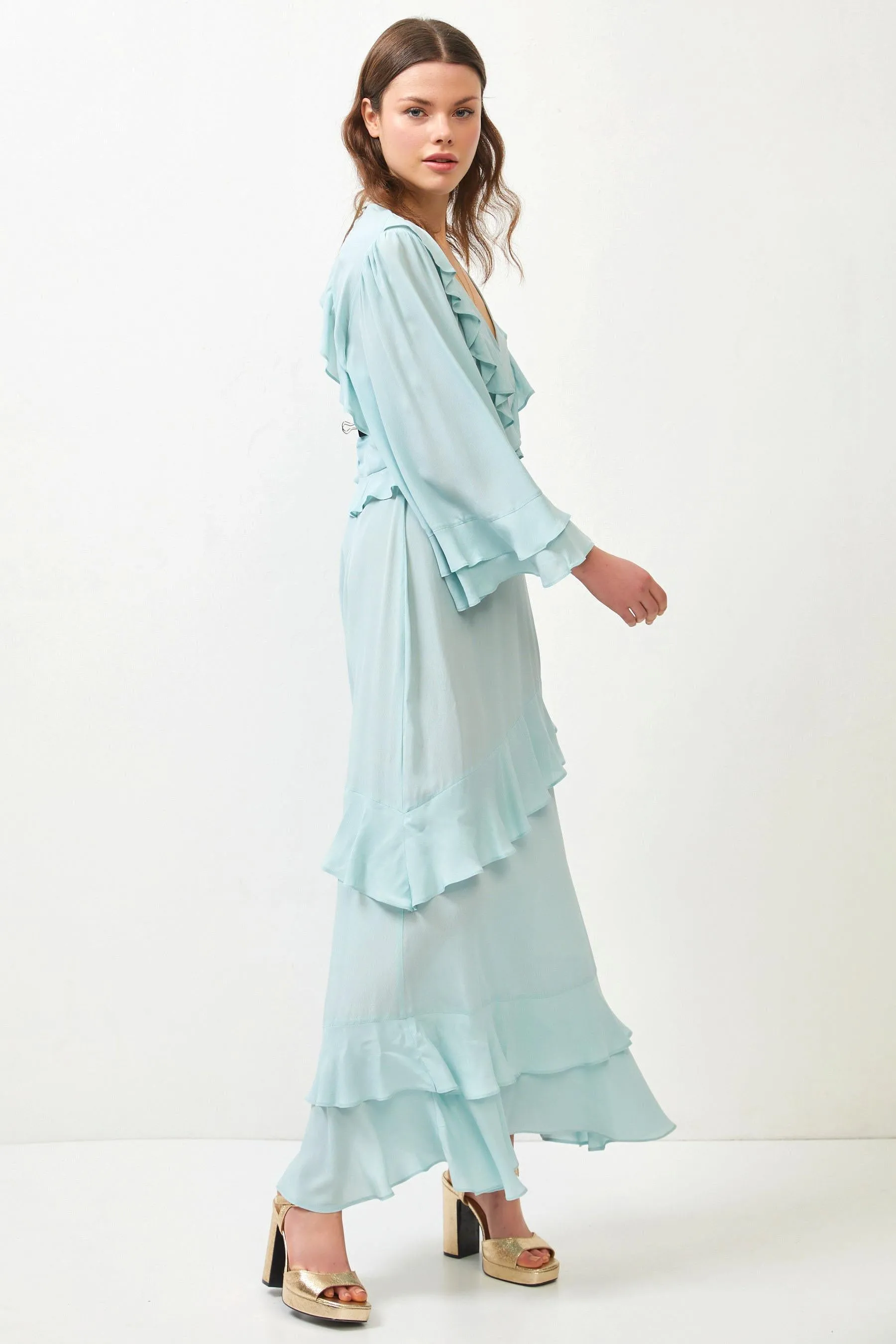 Aqua Ruffle Detail Open Back Maxi Dress