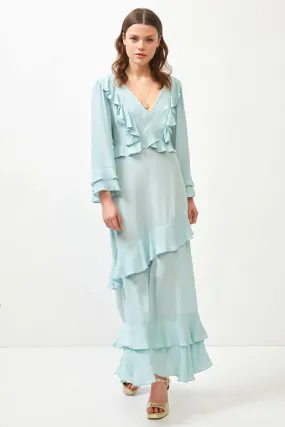 Aqua Ruffle Detail Open Back Maxi Dress