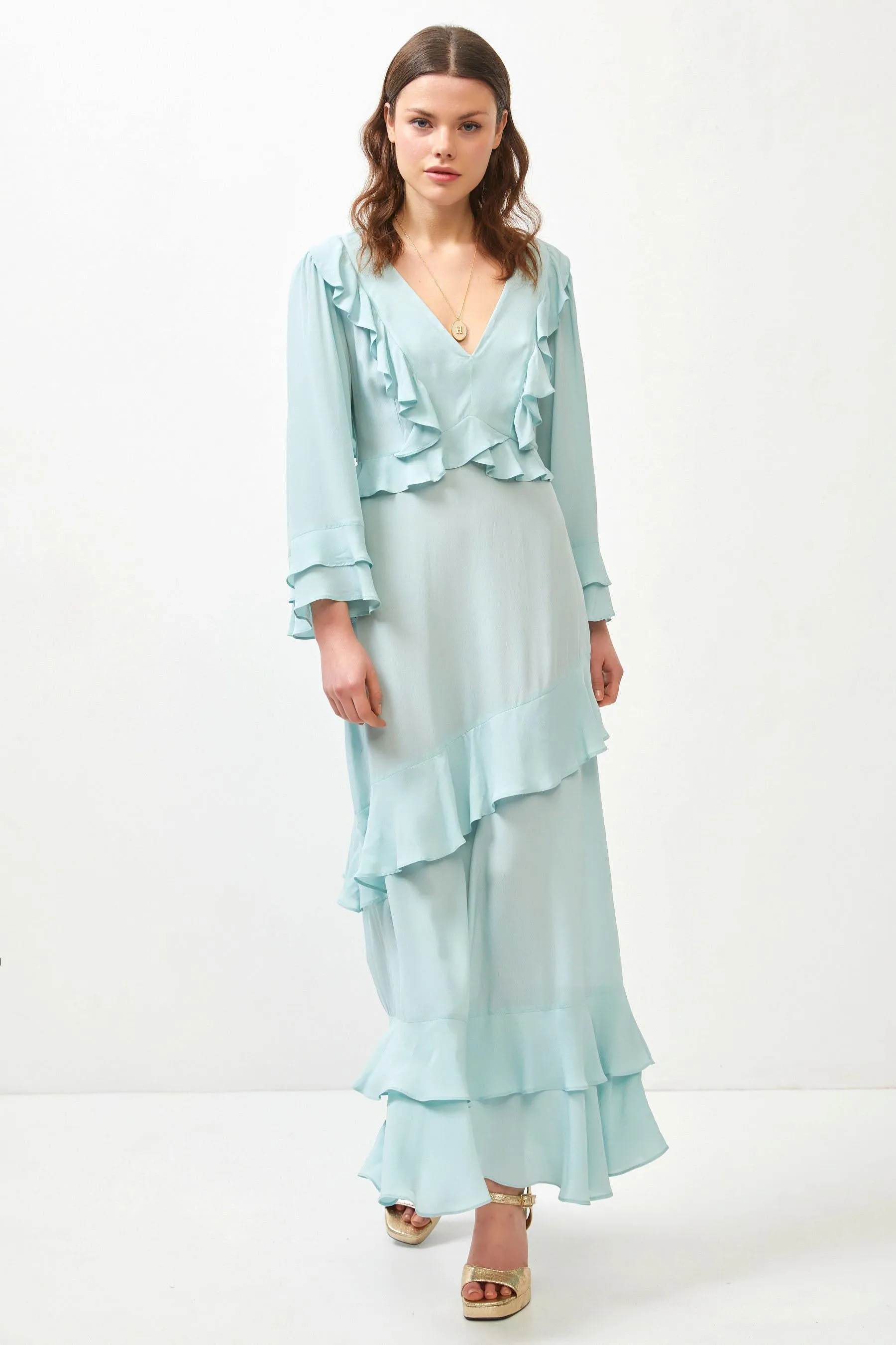 Aqua Ruffle Detail Open Back Maxi Dress