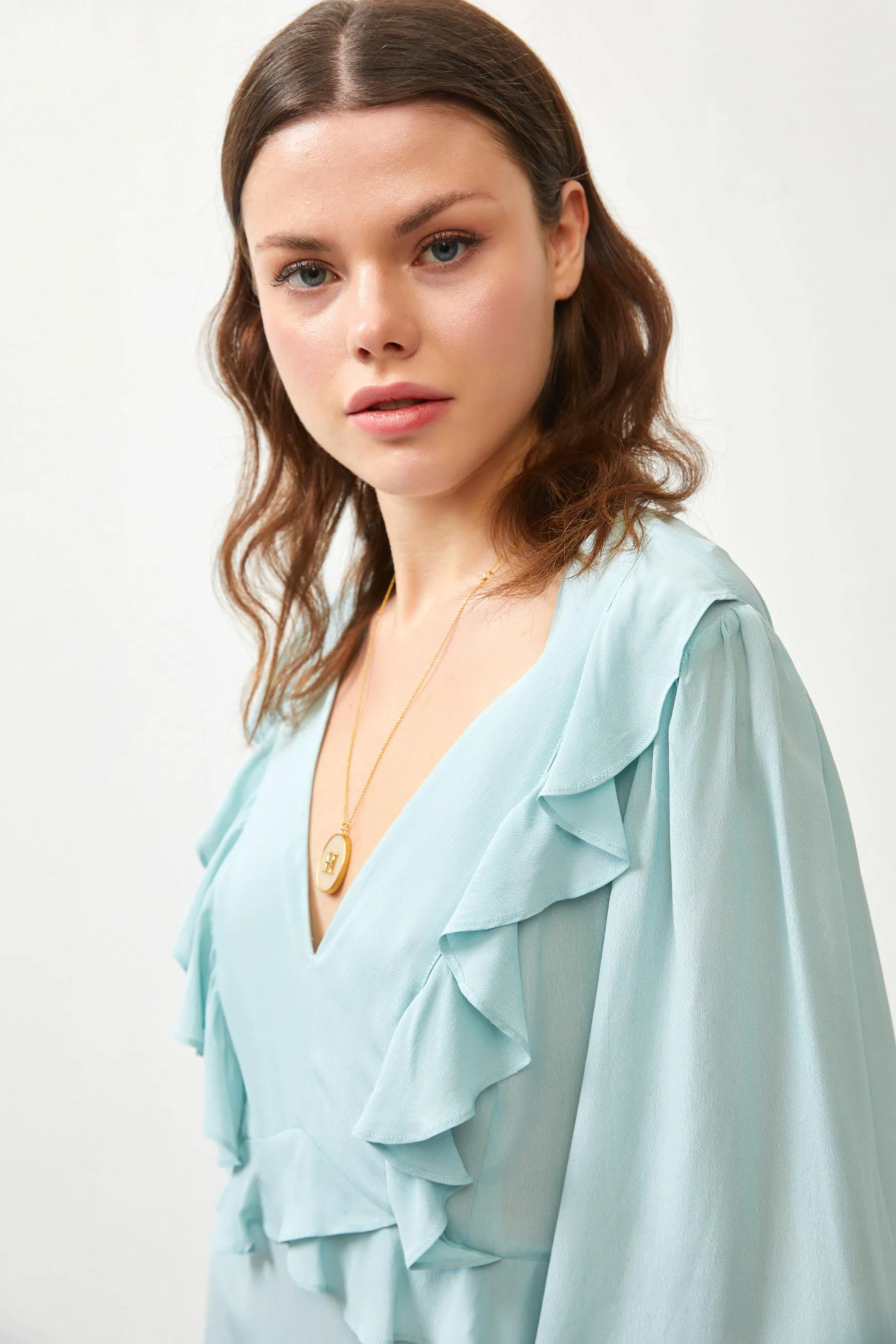 Aqua Ruffle Detail Open Back Maxi Dress