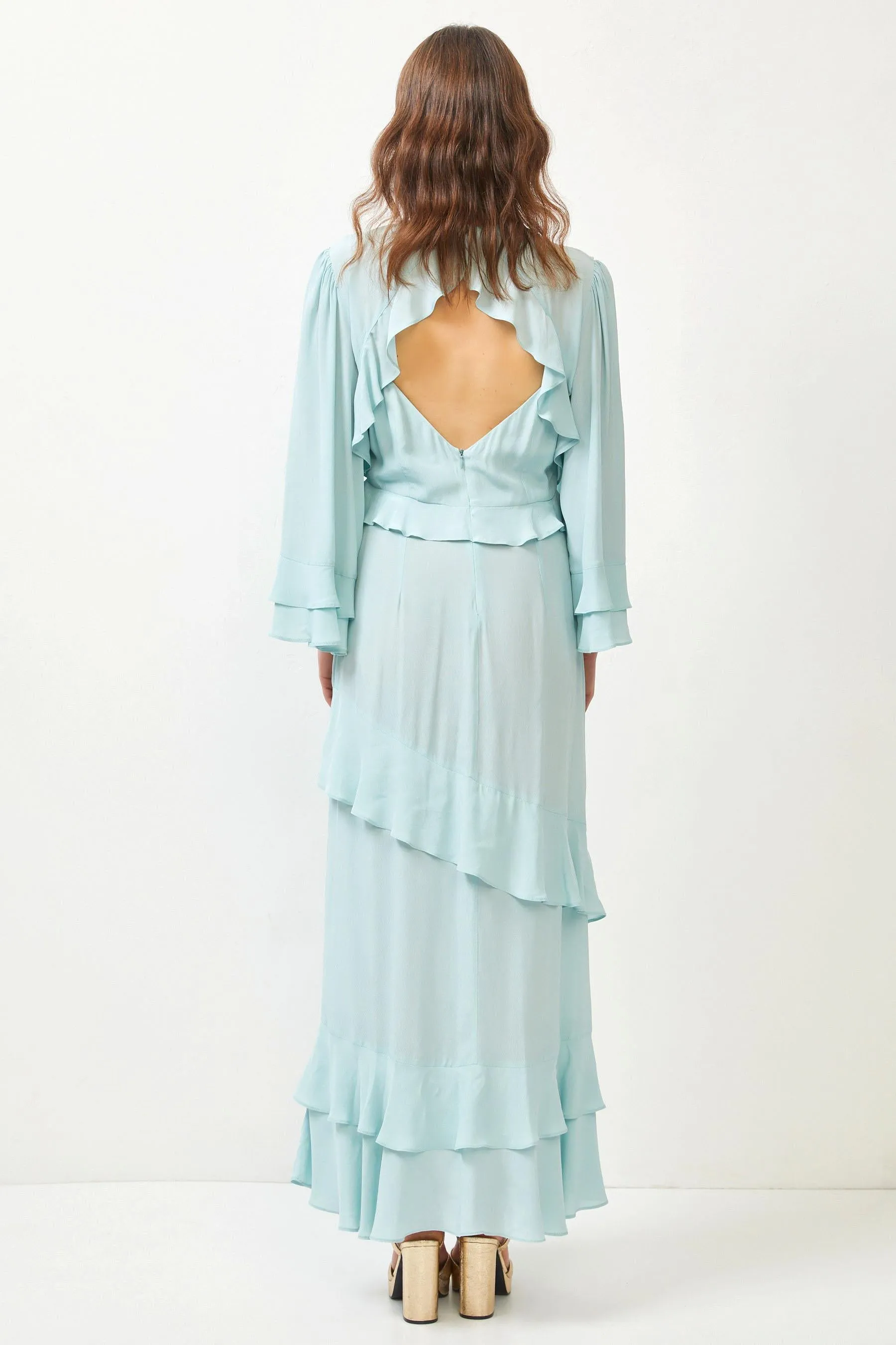 Aqua Ruffle Detail Open Back Maxi Dress