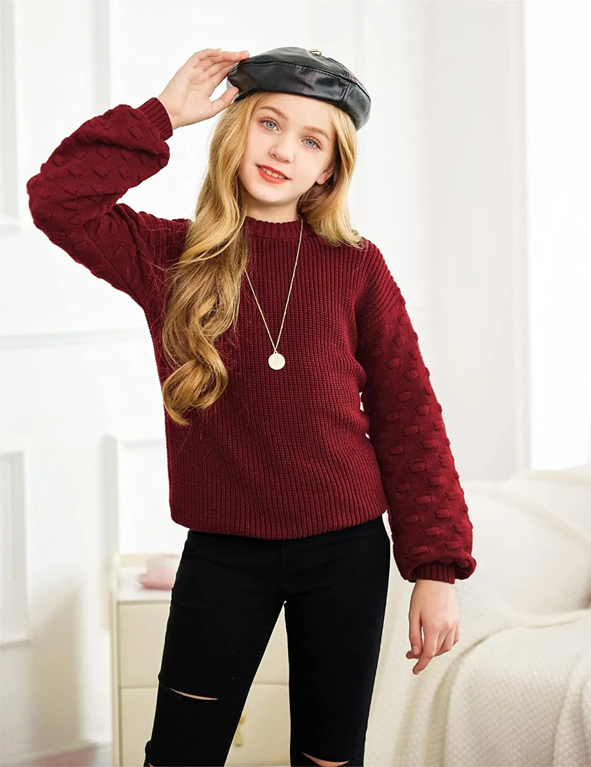 Arshiner Girls Crewneck Sweaters Chunky Lantern Sleeve Knit Jumper