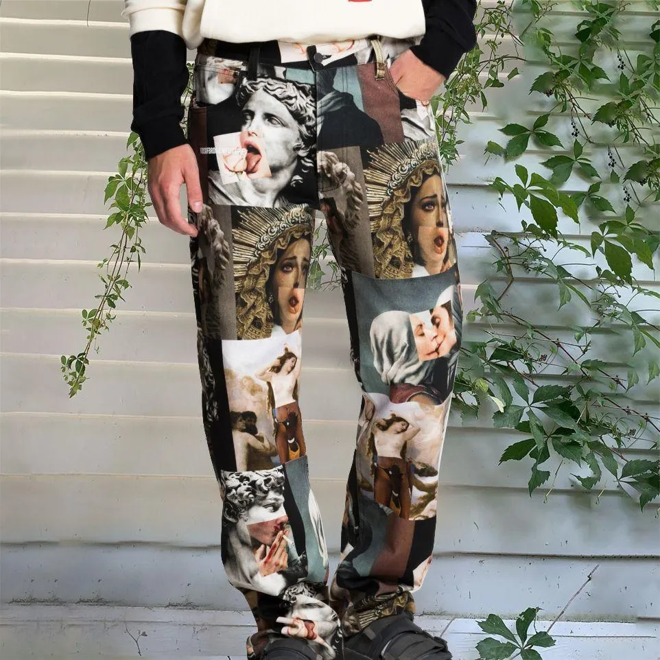 Art pattern fashion street style loose trousers