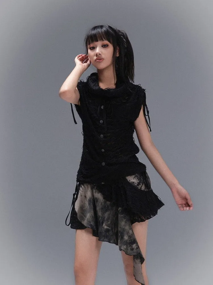 Asymmetry Tie-Dye Damage Frill Mini-Skirt