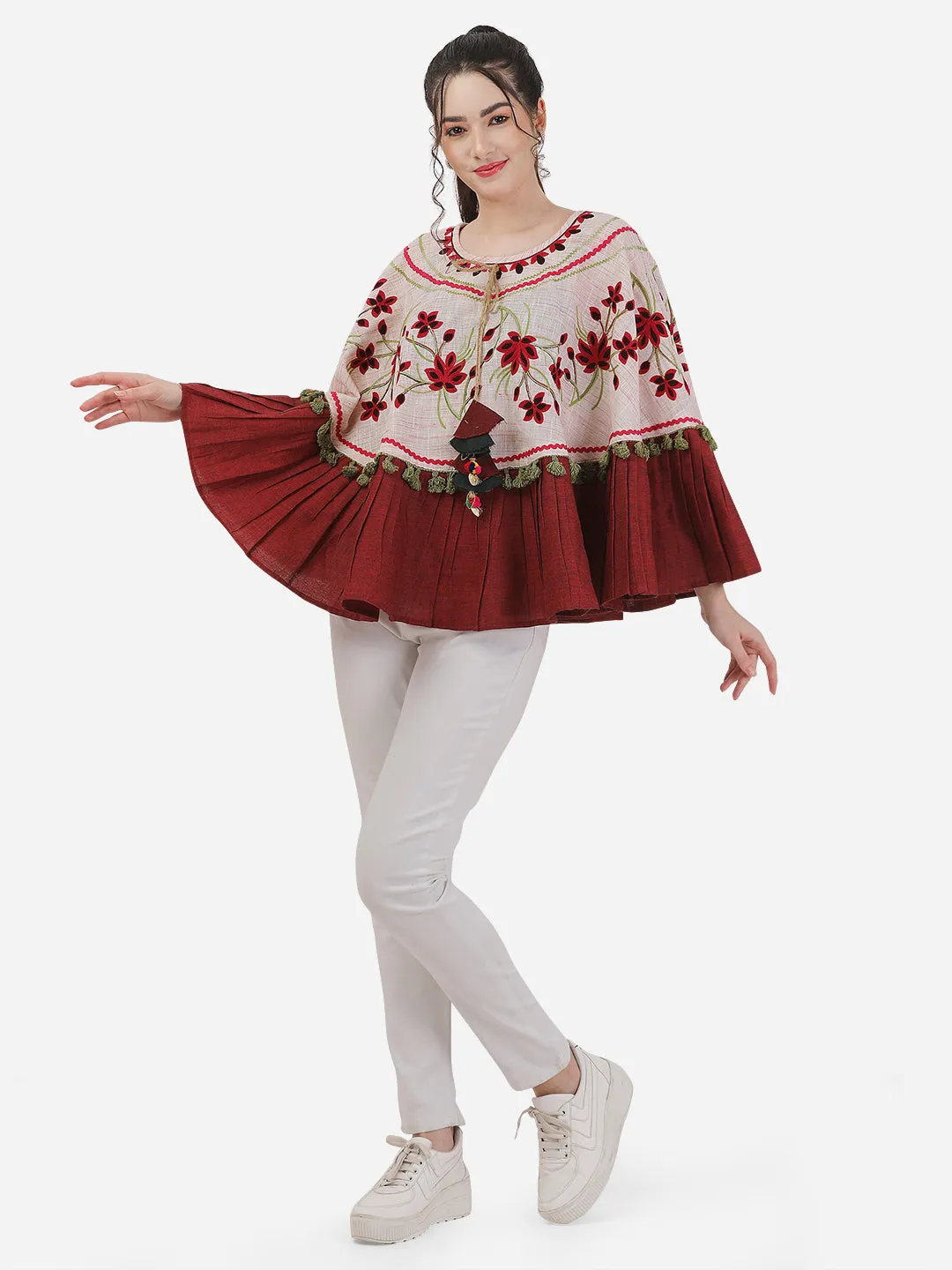 Baby Pink Floral Embroidered Circular Winter Poncho