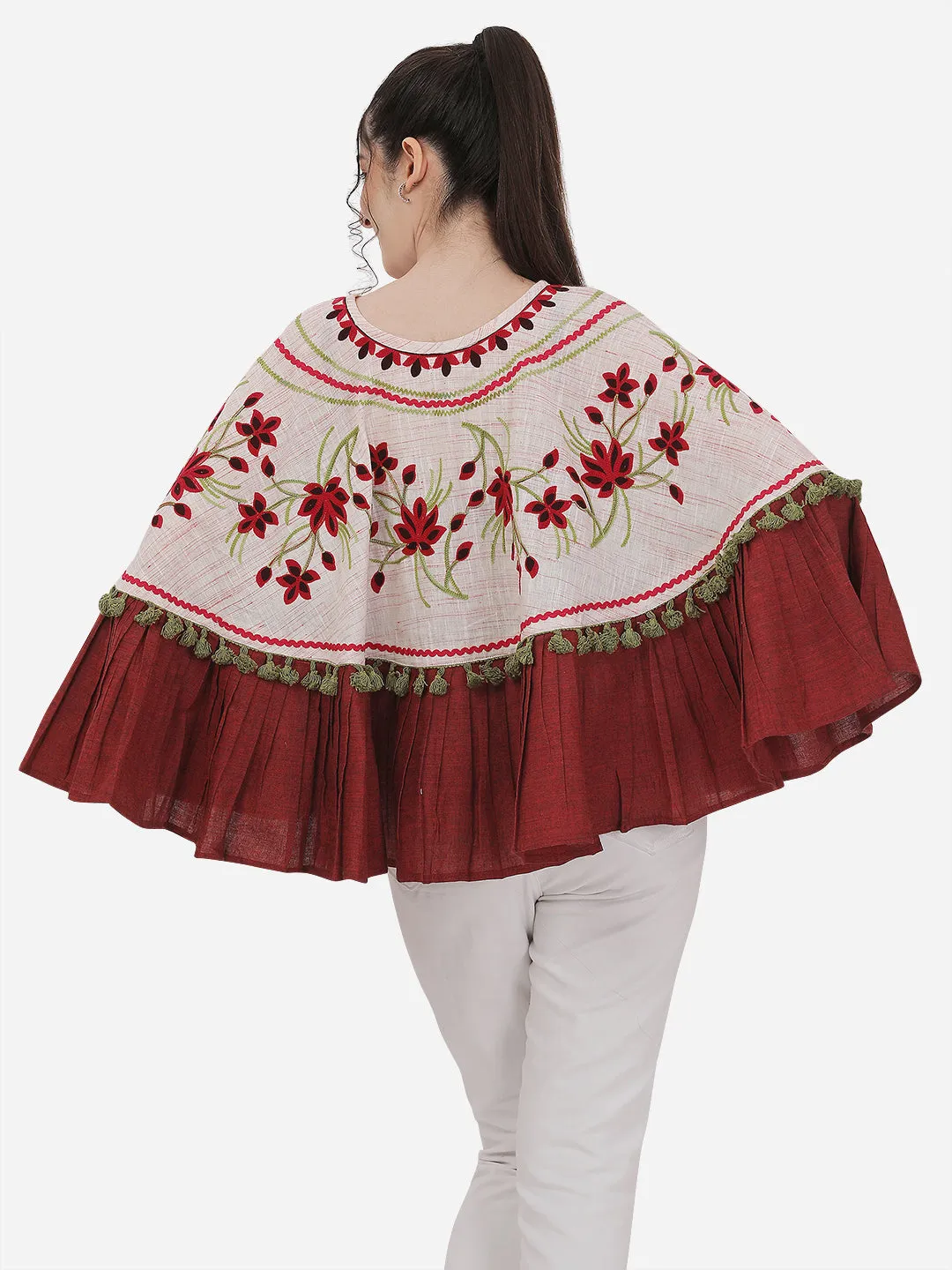 Baby Pink Floral Embroidered Circular Winter Poncho
