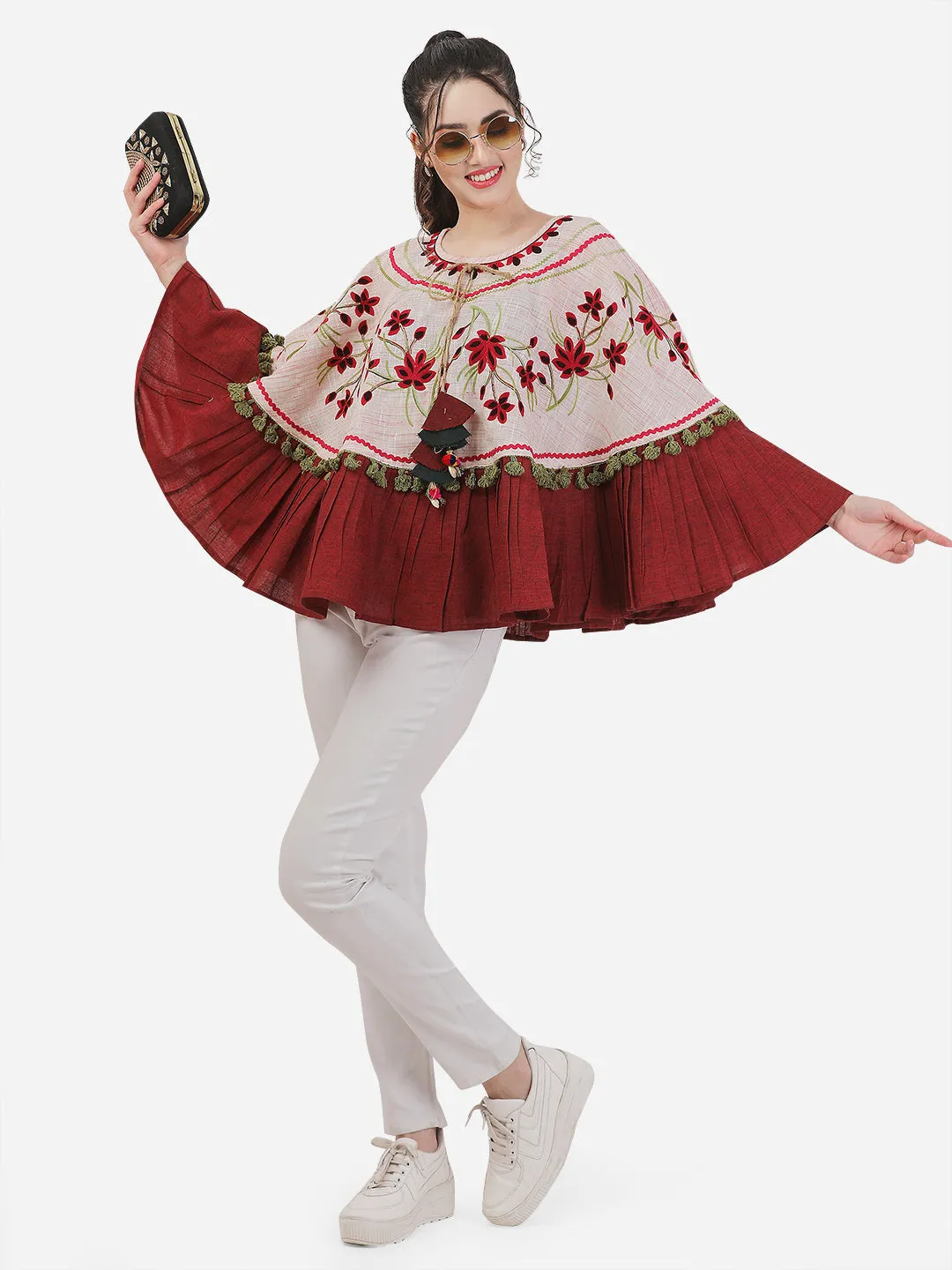Baby Pink Floral Embroidered Circular Winter Poncho