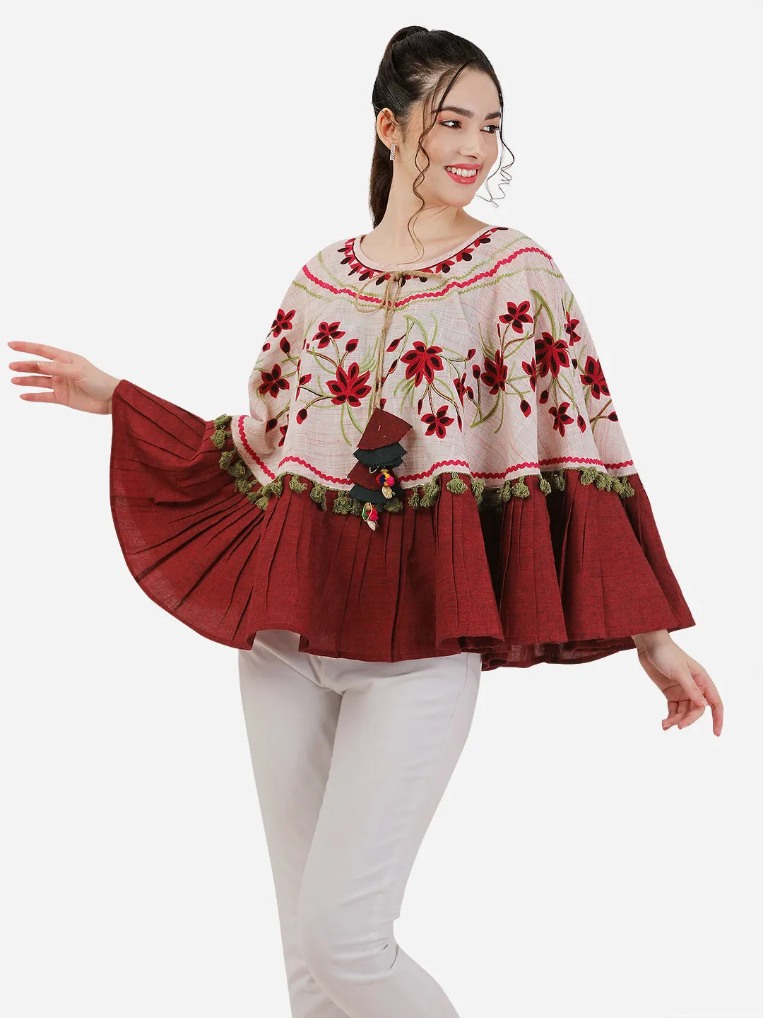 Baby Pink Floral Embroidered Circular Winter Poncho