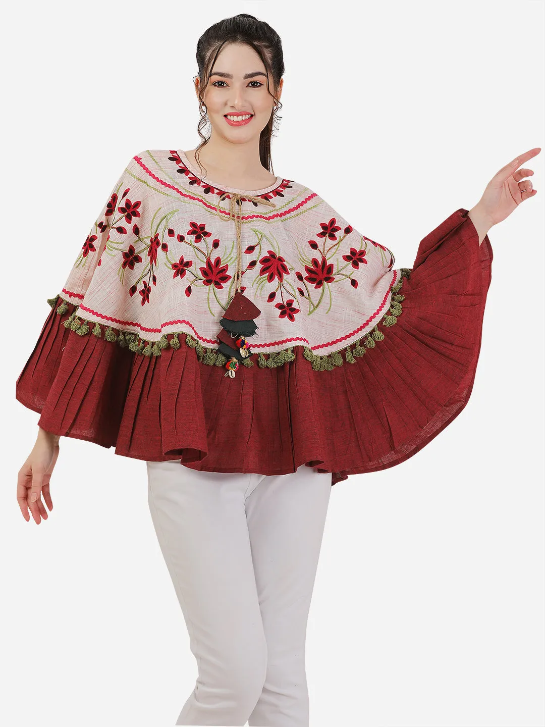 Baby Pink Floral Embroidered Circular Winter Poncho