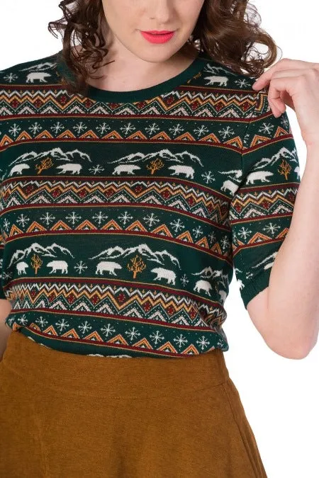 Banned Retro 40's 50's Style Green Christmas Polar Bear Jumper