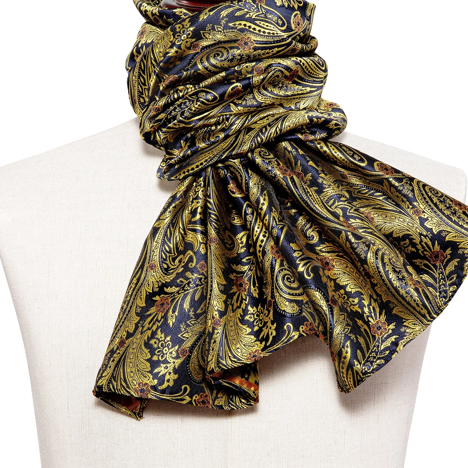 Barry Wang Silk scarf Luxury Blue Golden Paisley Scarf