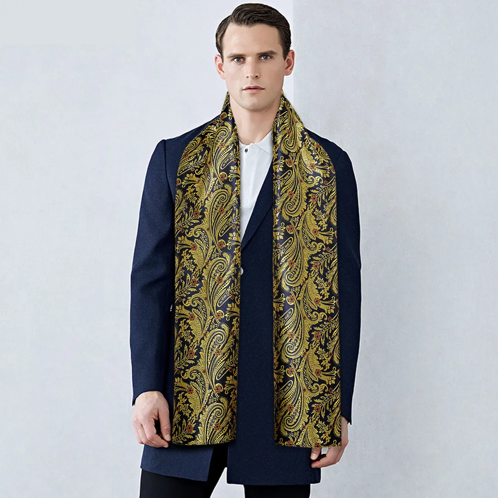 Barry Wang Silk scarf Luxury Blue Golden Paisley Scarf