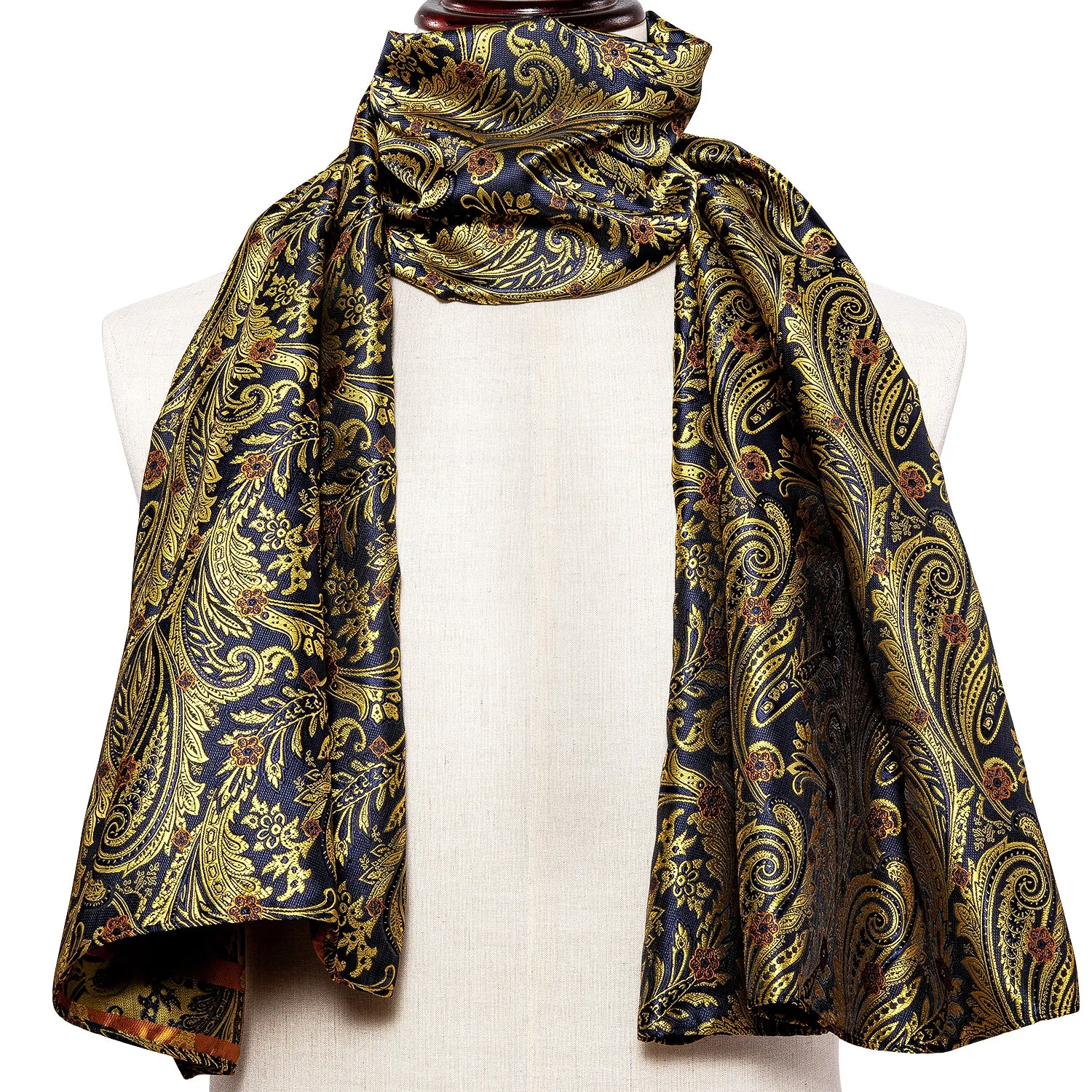 Barry Wang Silk scarf Luxury Blue Golden Paisley Scarf