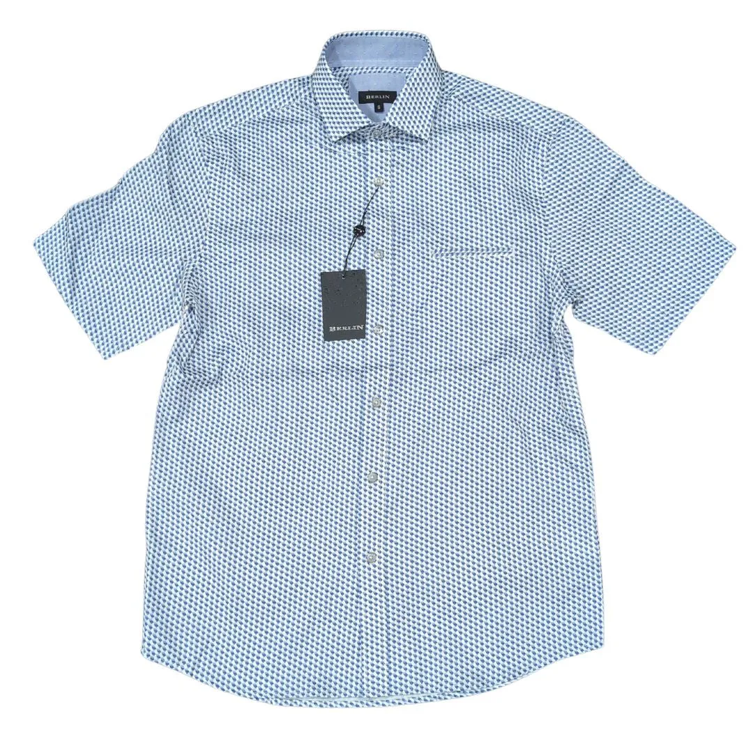 Berlin S404 S/S Abstract Satin Print Shirt - White/Blue