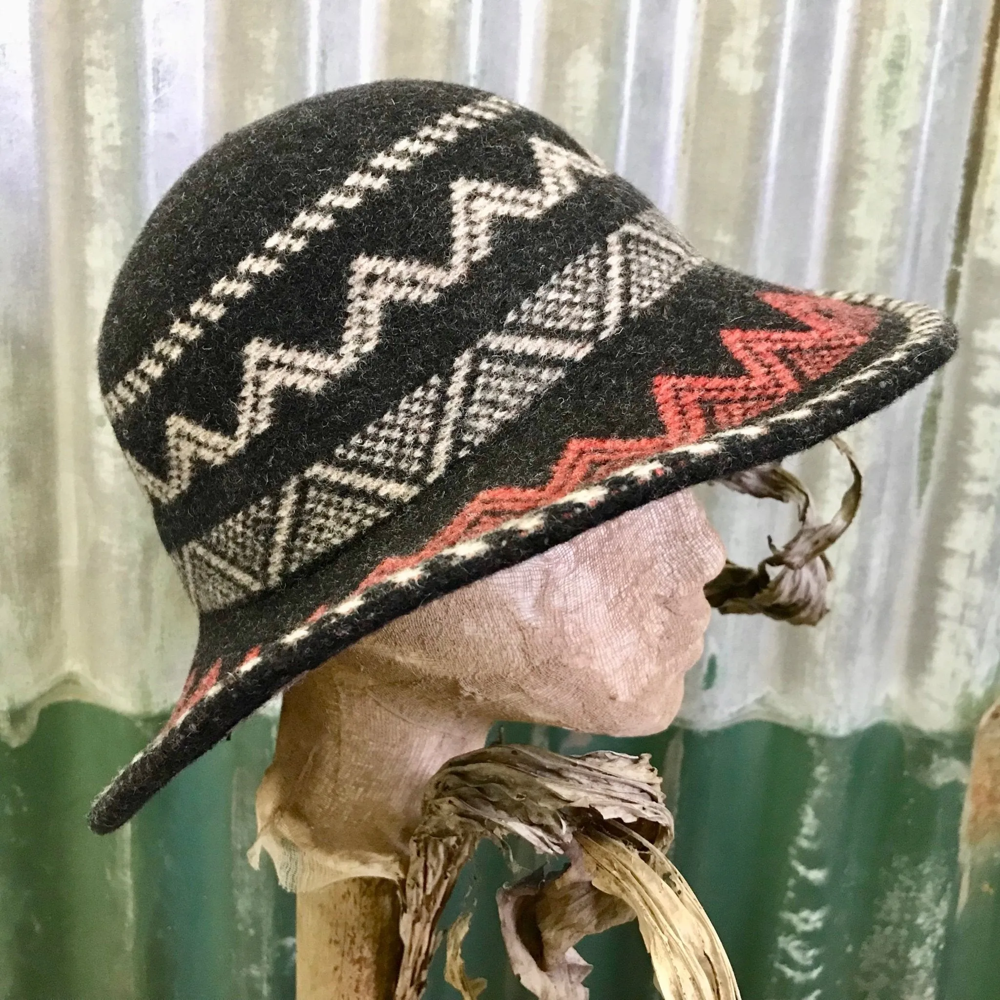 Black Boiled Wool Aztec Style Knit Hat