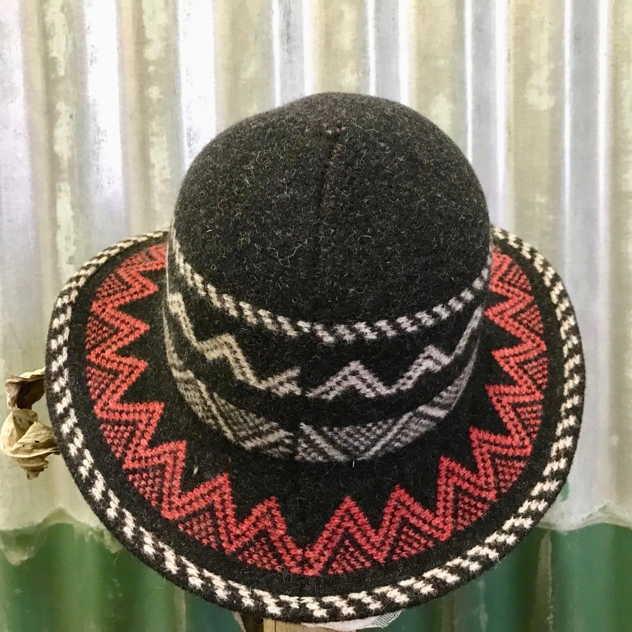 Black Boiled Wool Aztec Style Knit Hat