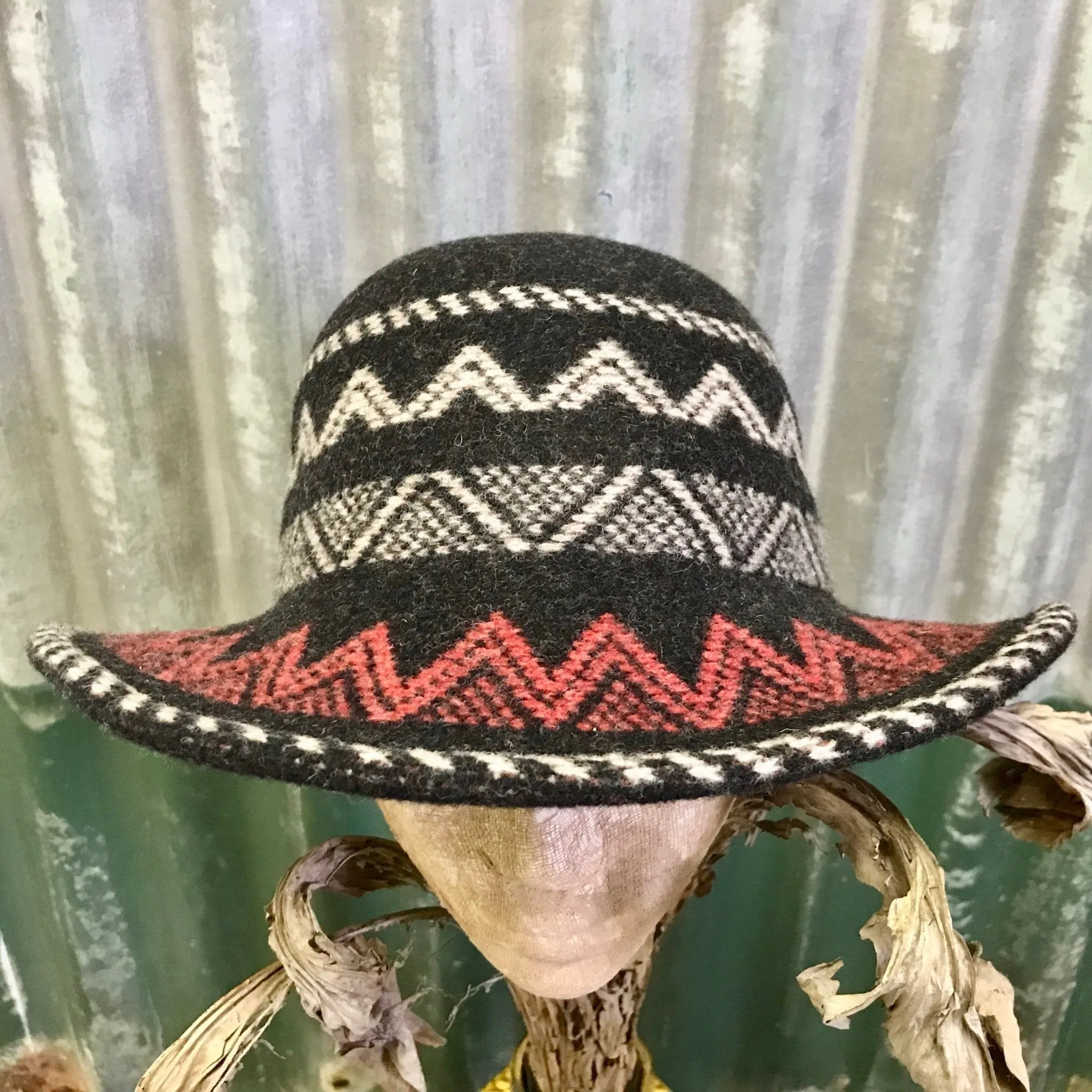 Black Boiled Wool Aztec Style Knit Hat