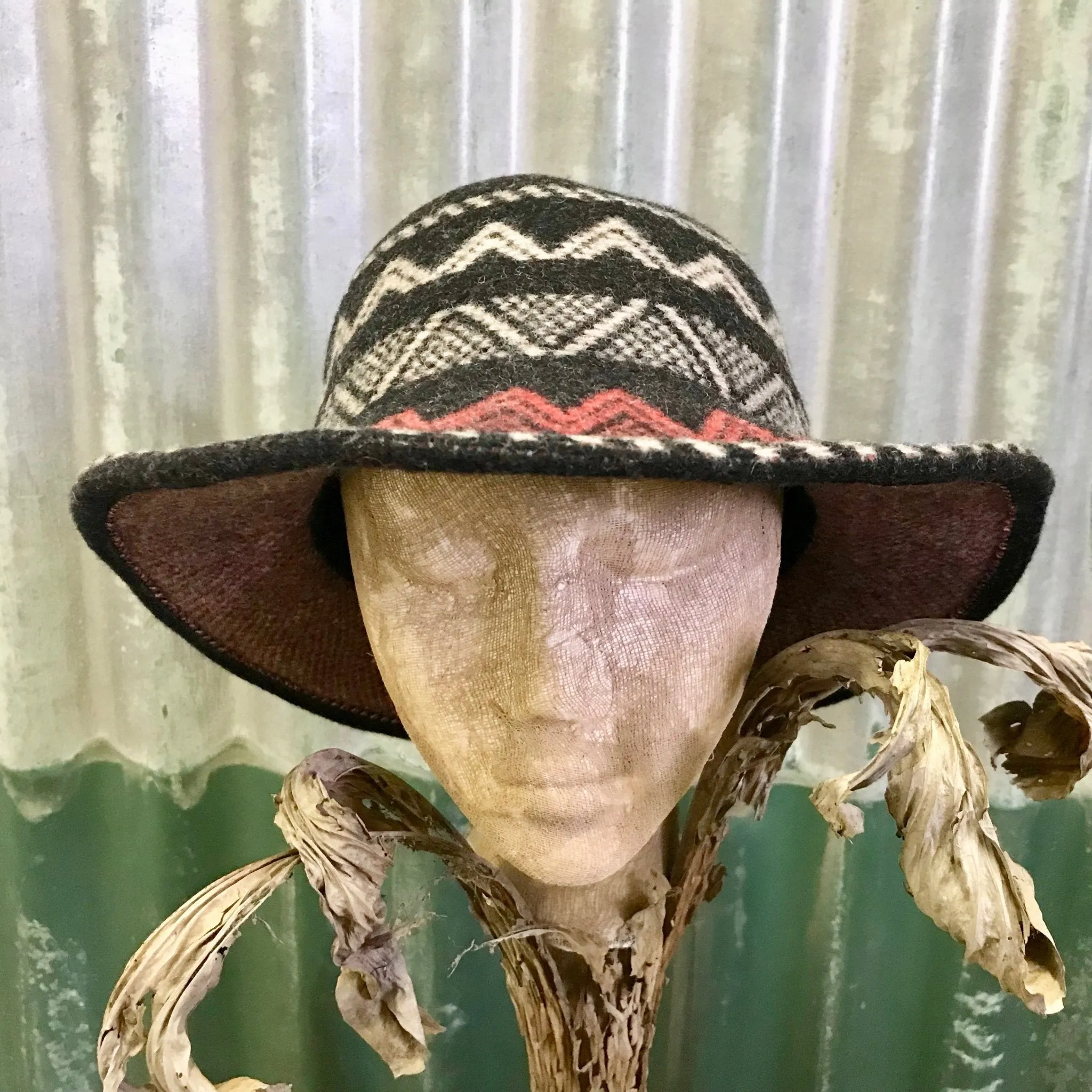 Black Boiled Wool Aztec Style Knit Hat