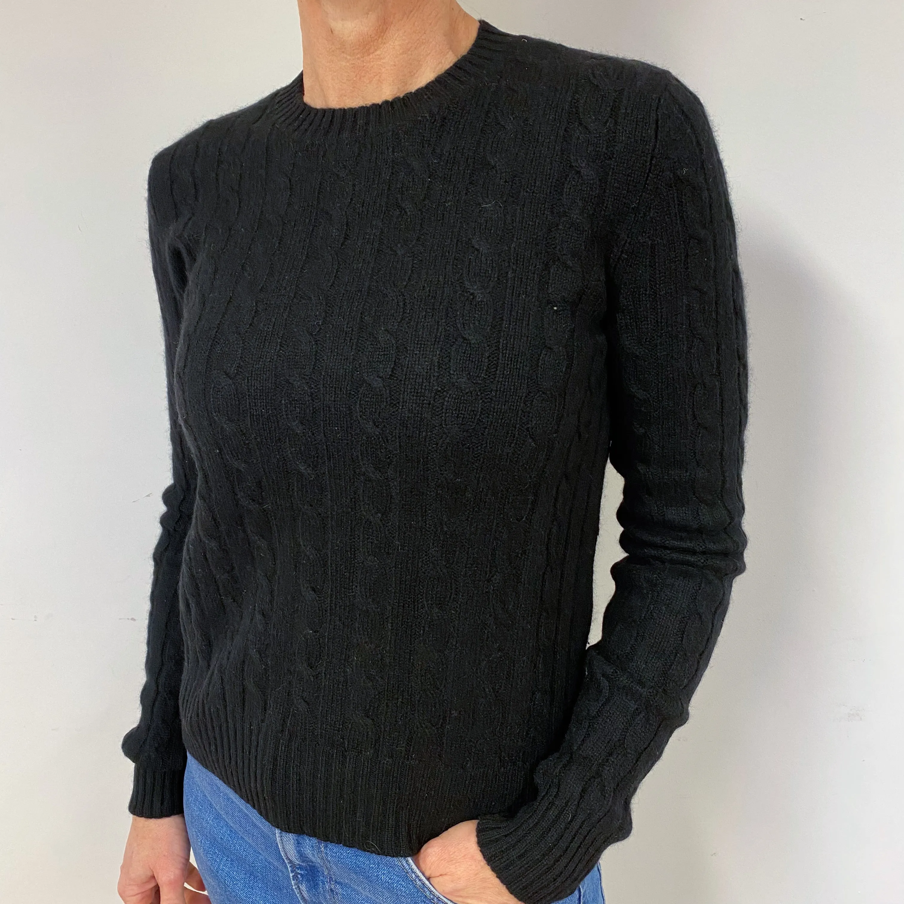 Black Cable Cashmere Crew Neck Jumper Medium.
